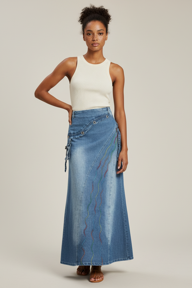 Jupe Jean Patchwork Longue Vintage