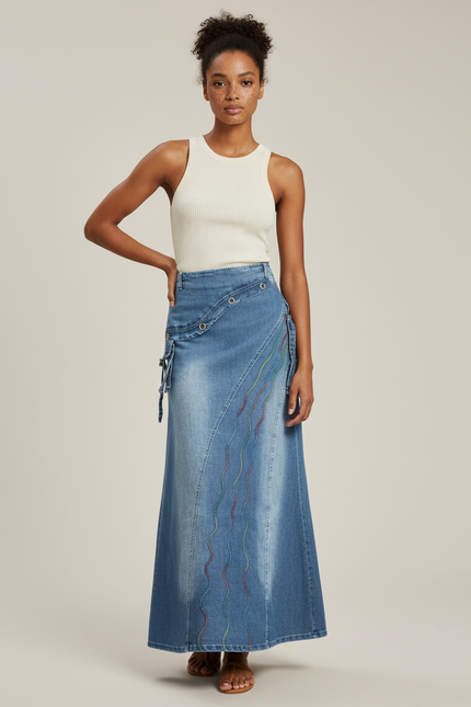 Jupe Jean Patchwork Longue Vintage