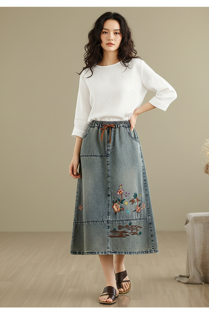 Jupe Jean Brodée Midi Bohème