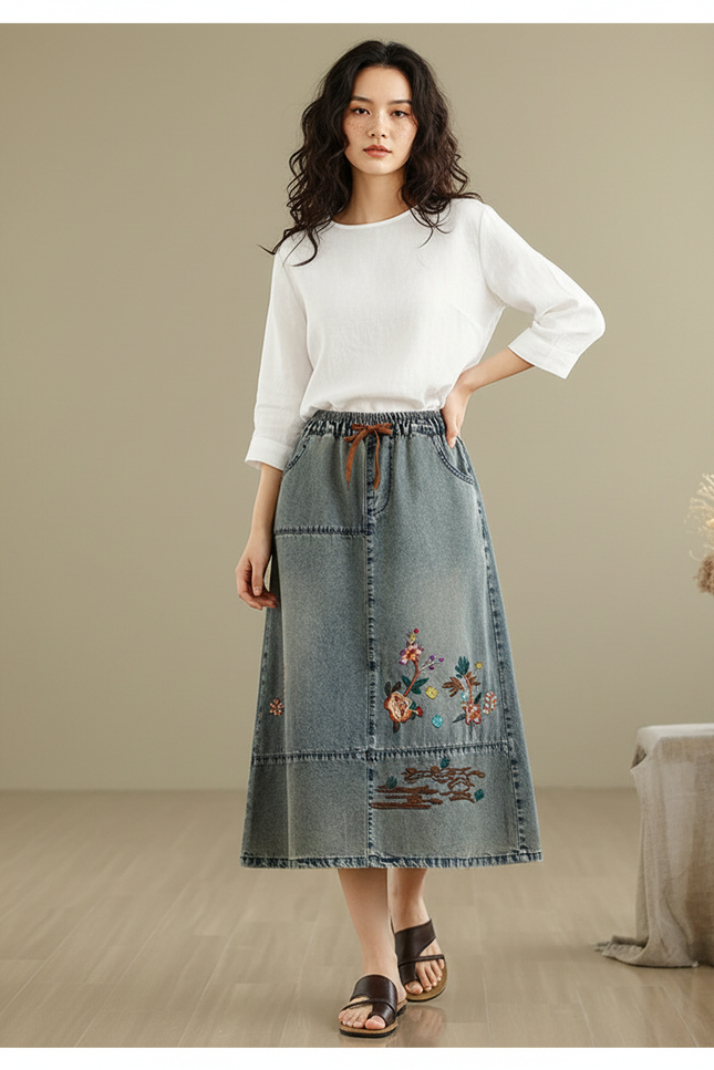 Jupe Jean Brodée Midi Bohème