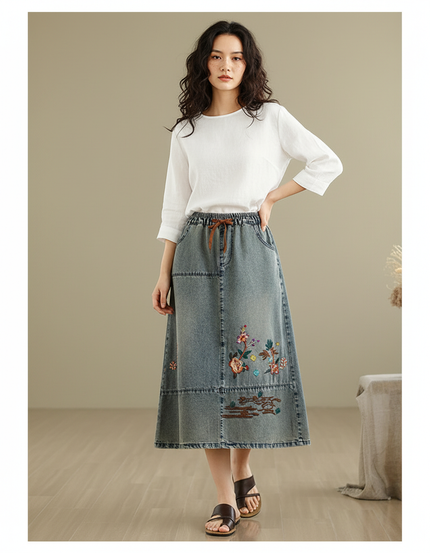 Jupe Jean Brodée Midi Bohème