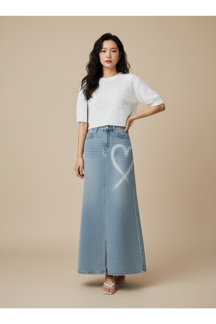 Jupe Jean Longue Motif Cœur Décontractée