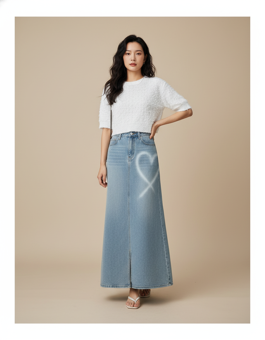 Jupe Jean Longue Motif Cœur Décontractée