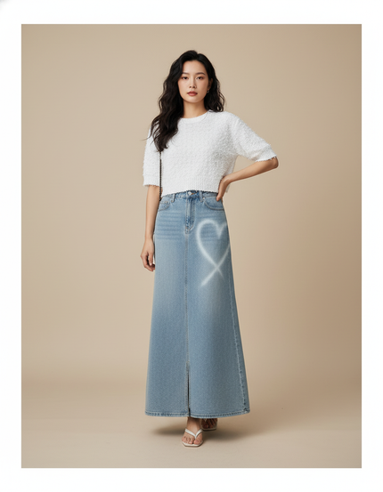 Jupe Jean Longue Motif Cœur Décontractée