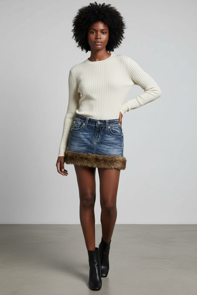 Jupe Jean Délavée Fourrure Chic