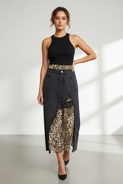 Jupe Jean Déchirée Léopard Chic