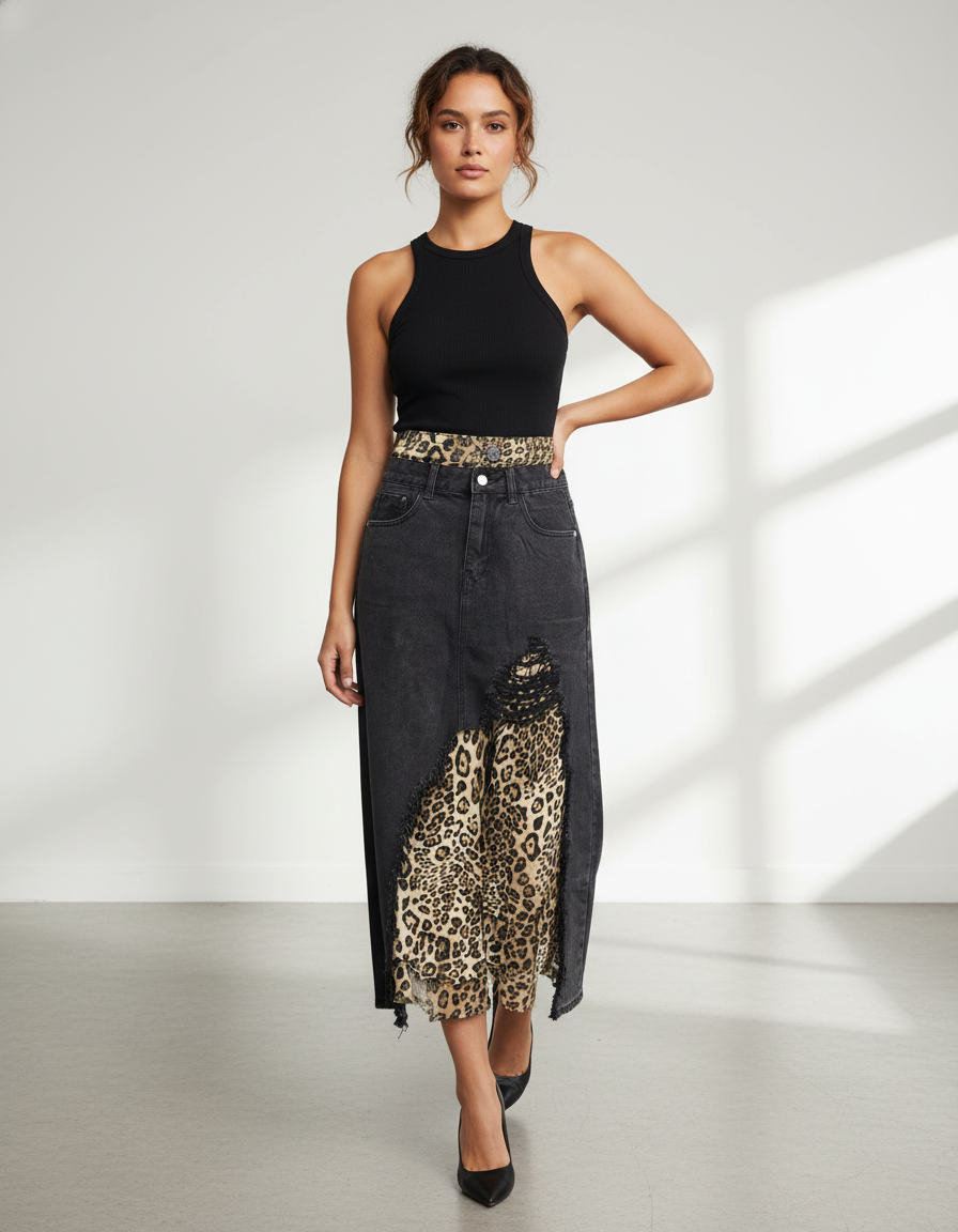 Jupe Jean Déchirée Léopard Chic