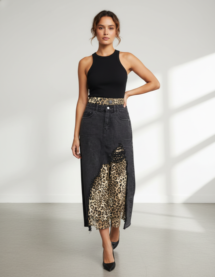 Jupe Jean Déchirée Léopard Chic