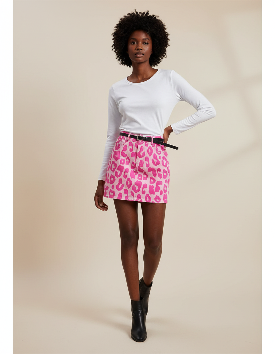 Jupe Jean Rose Imprimé Léopard Chic
