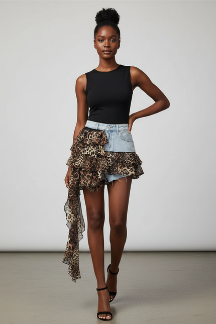 Jupe Jean Délavée Léopard Fluide
