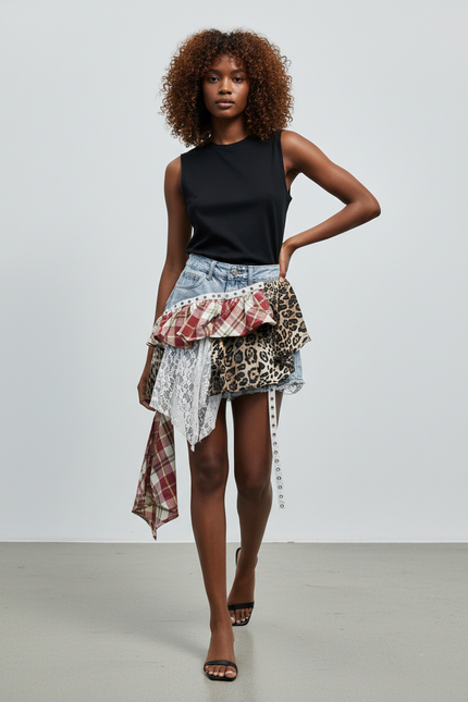 Jupe Jean Patchwork Léopard Chic