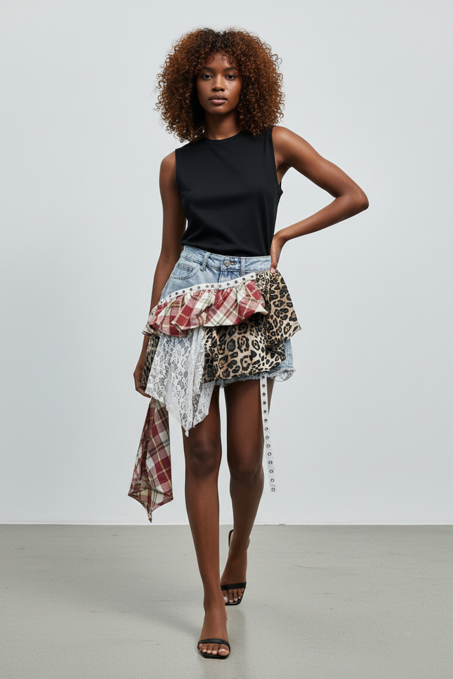 Jupe Jean Patchwork Léopard Chic