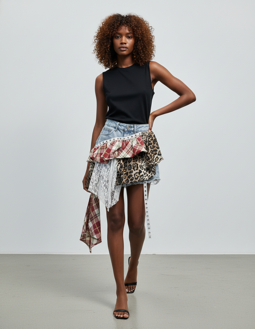 Jupe Jean Patchwork Léopard Chic