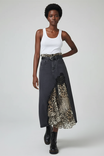 Jupe Jean Grise Patchwork Léopard Élégante