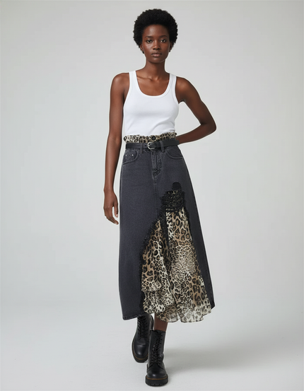 Jupe Jean Grise Patchwork Léopard Élégante