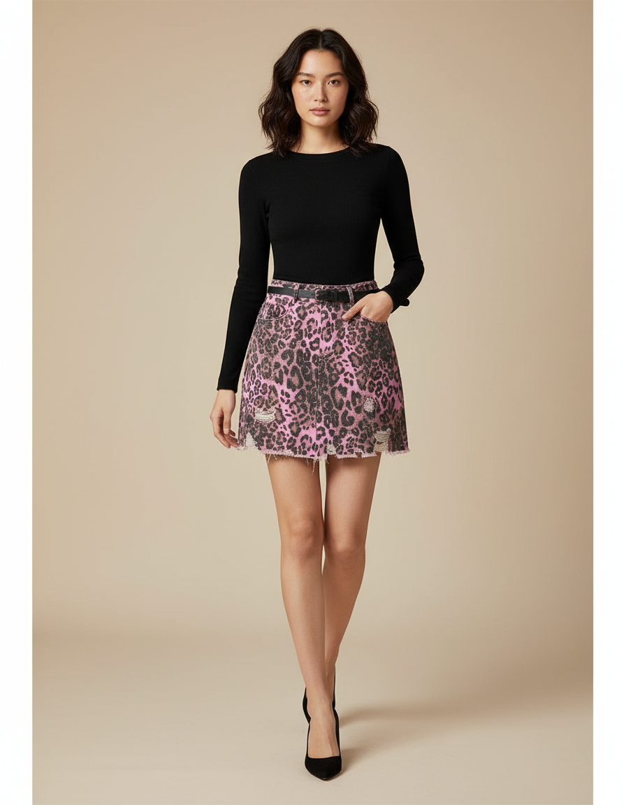 Jupe Jean Rose Léopard Déchirée Chic Audacieuse