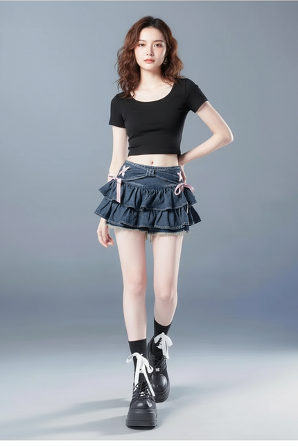 Jupe Jean Mini À Volants Fluide