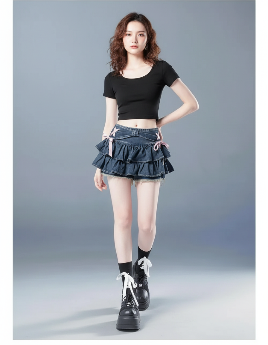 Jupe Jean Mini À Volants Fluide