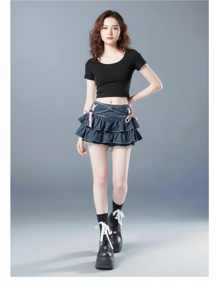 Jupe Jean Mini À Volants Fluide