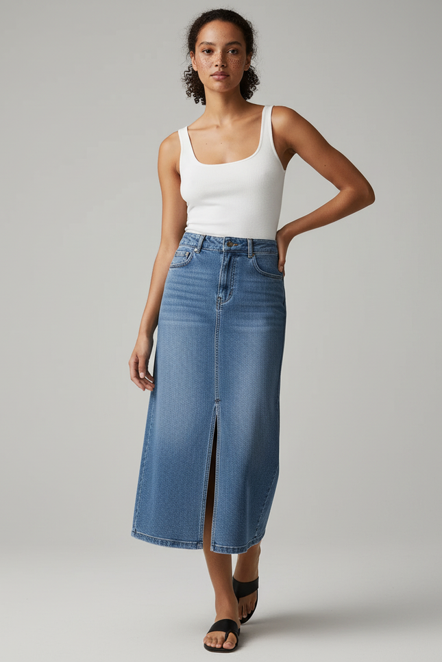 Jupe Jean Midi Fente Décontractée