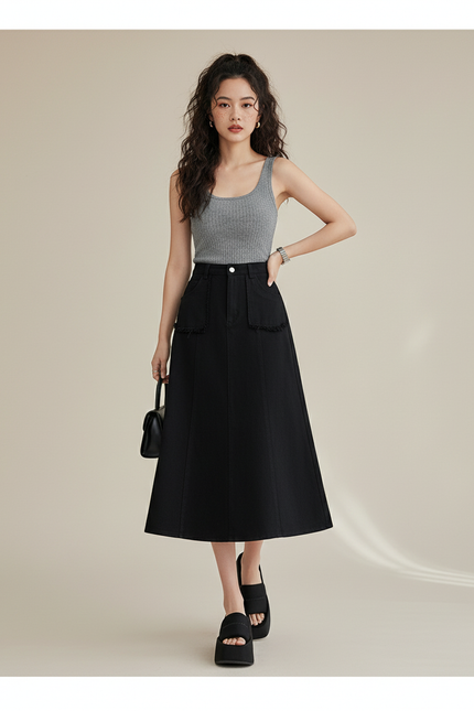 Jupe Jean Noire Frangée Taille Haute Chic