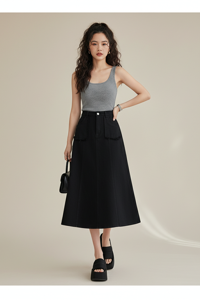 Jupe Jean Noire Frangée Taille Haute Chic