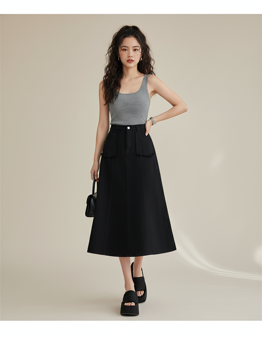 Jupe Jean Noire Frangée Taille Haute Chic