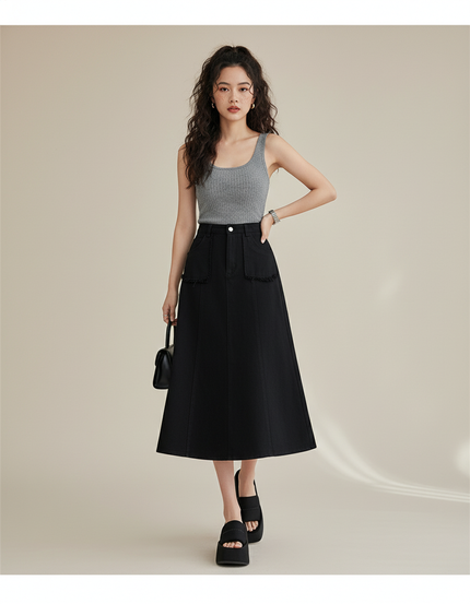 Jupe Jean Noire Frangée Taille Haute Chic