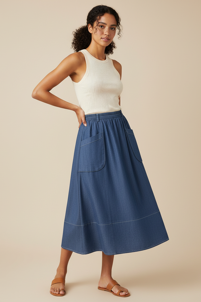 Jupe Jean Évasée À Poches Décontractée