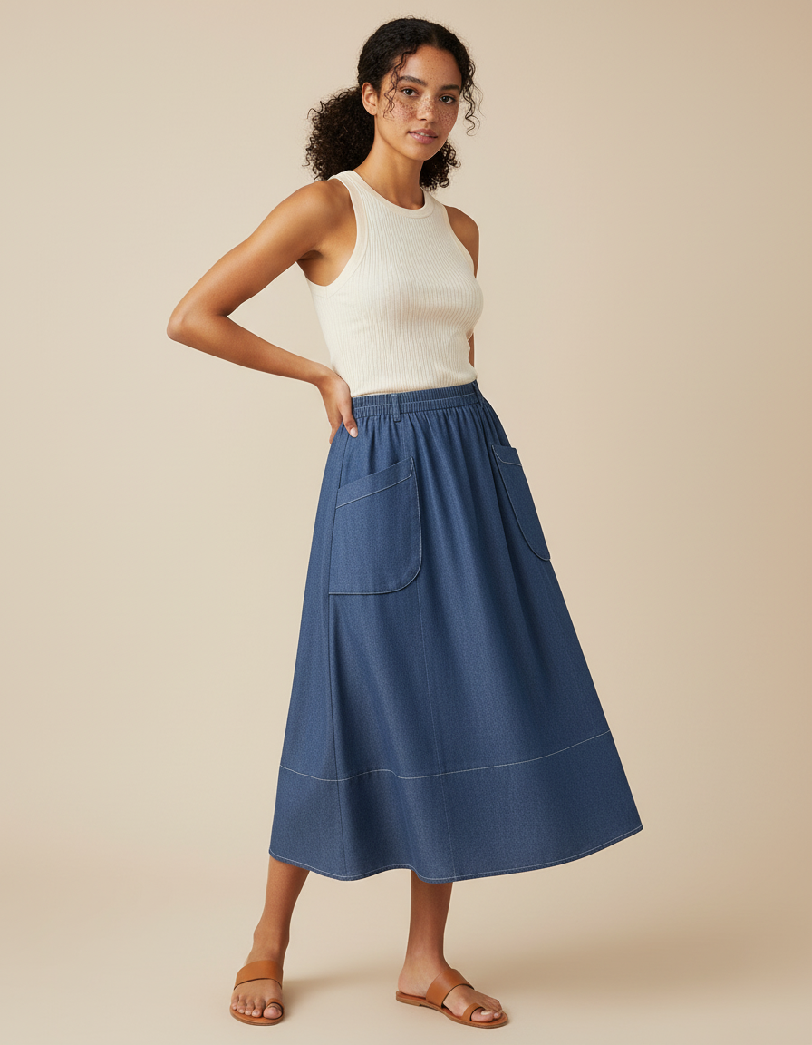 Jupe Jean Évasée À Poches Décontractée