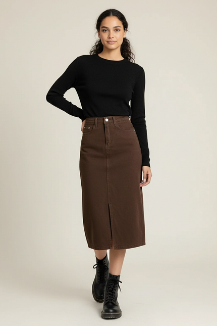 Jupe Jean Marron Droite Fendue Chic