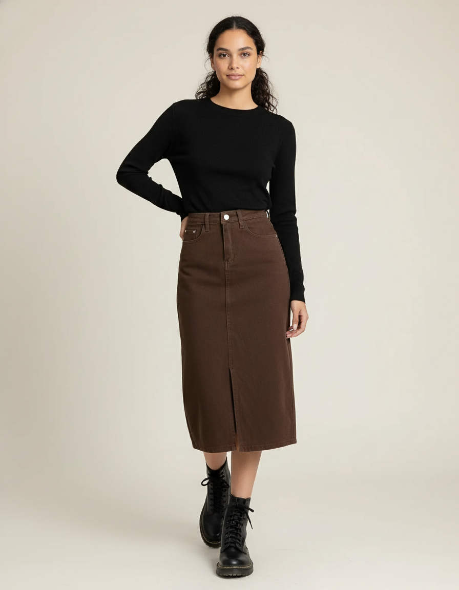 Jupe Jean Marron Droite Fendue Chic