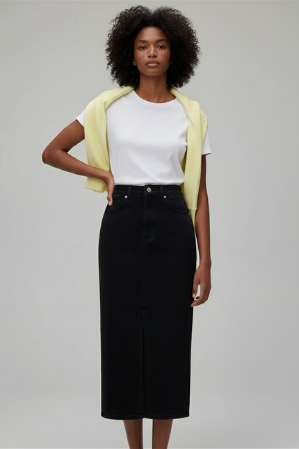 Jupe Jean Noire Fente Avant Décontractée