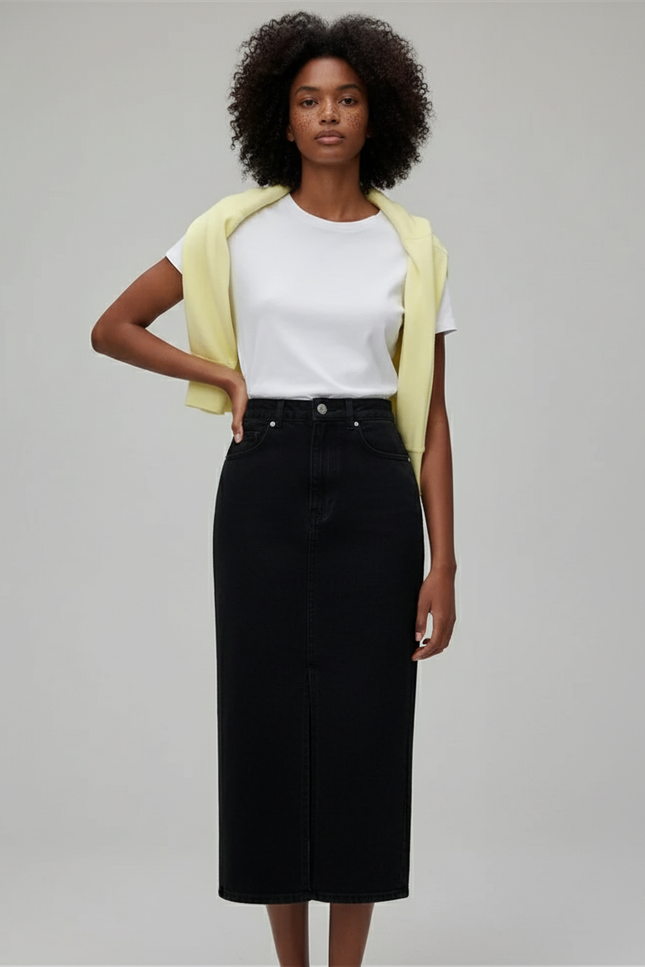 Jupe Jean Noire Fente Avant Décontractée