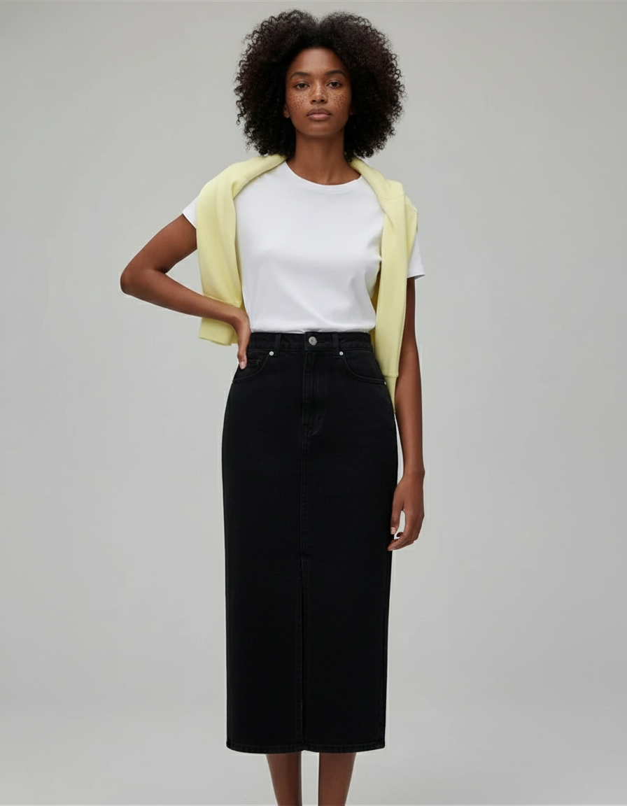 Jupe Jean Noire Fente Avant Décontractée