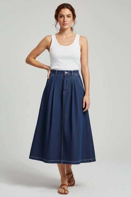 Jupe Jean Plissée Midi Chic