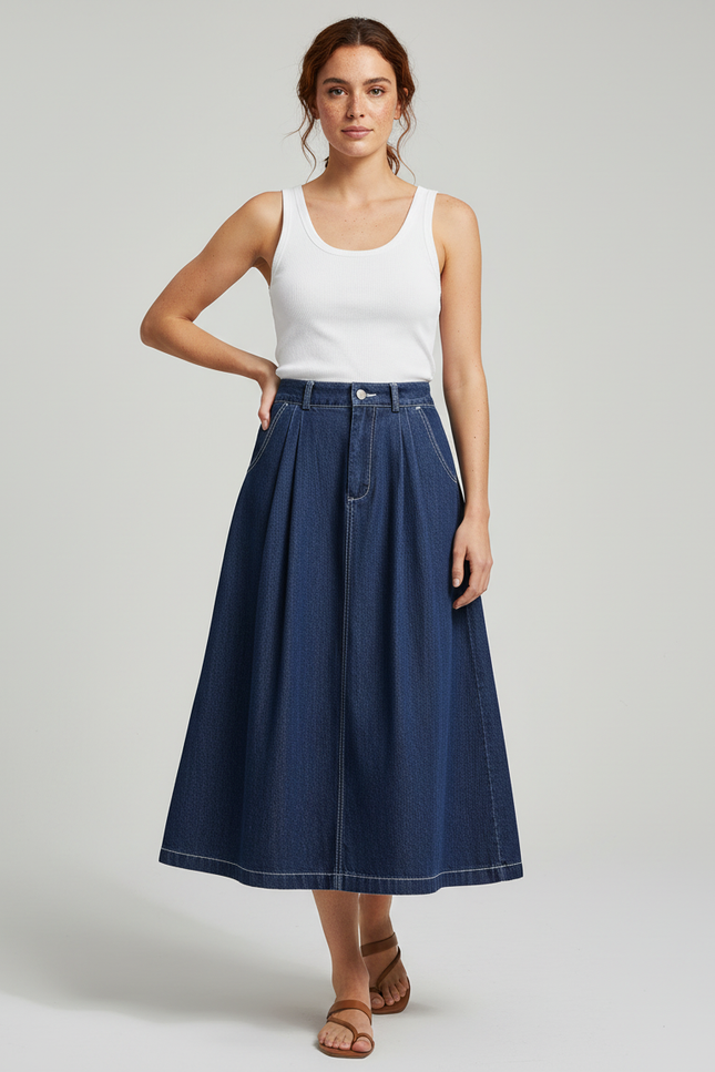 Jupe Jean Plissée Midi Chic
