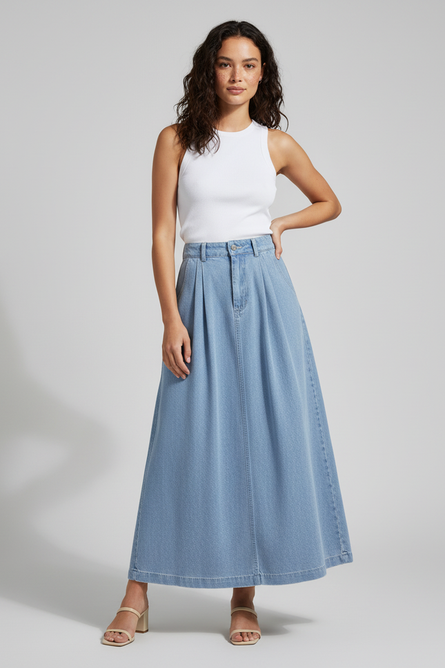 Jupe Jean Longue Plissée Élégante