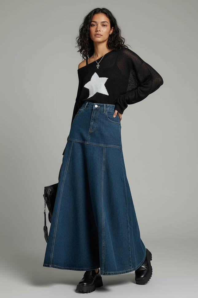 Jupe Jean Longue Patchwork Fluide