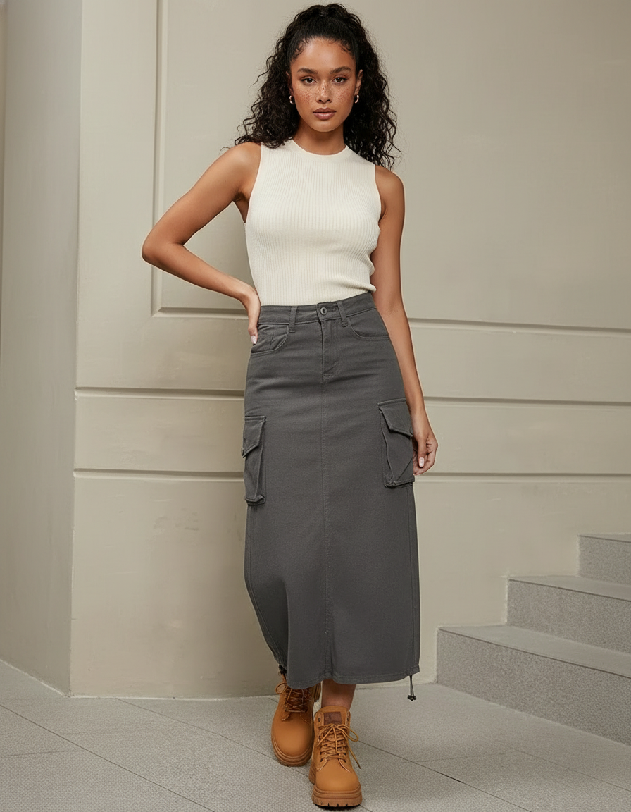 Jupe Jean Cargo Grise Décontractée