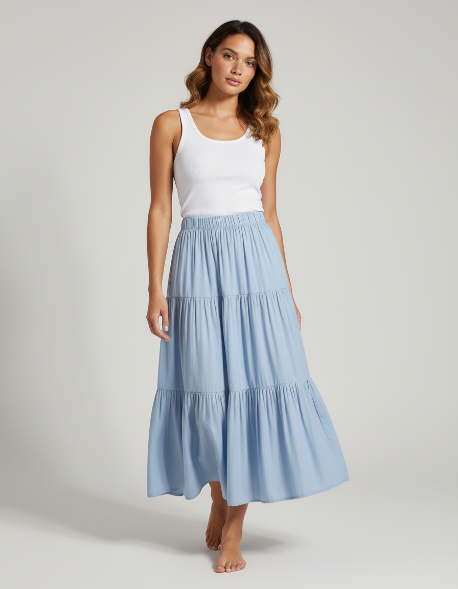 Jupe Jean Bleu Clair Étagée Fluide