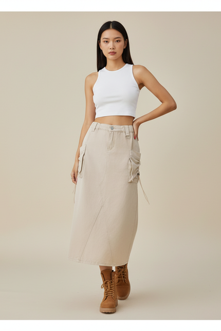 Jupe Jean Beige Cargo Décontractée Urbaine