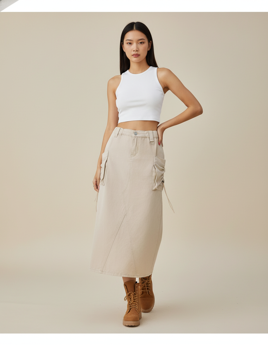 Jupe Jean Beige Cargo Décontractée Urbaine