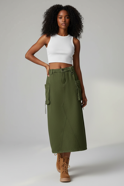 Jupe Jean Kaki Cargo Décontractée