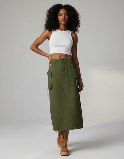 Jupe Jean Kaki Cargo Décontractée