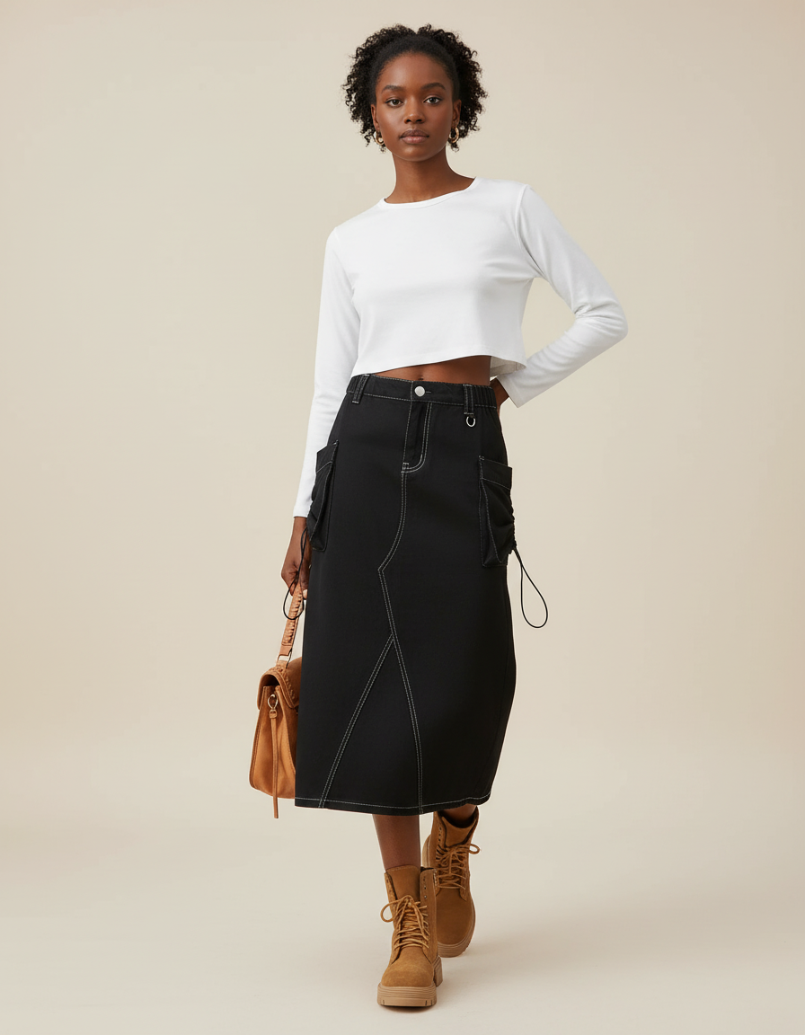 Jupe Jean Noire Cargo Décontractée Stylée