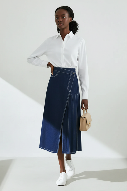 Jupe Jean Bleue Foncée Plissée Irrégulière Décontractée