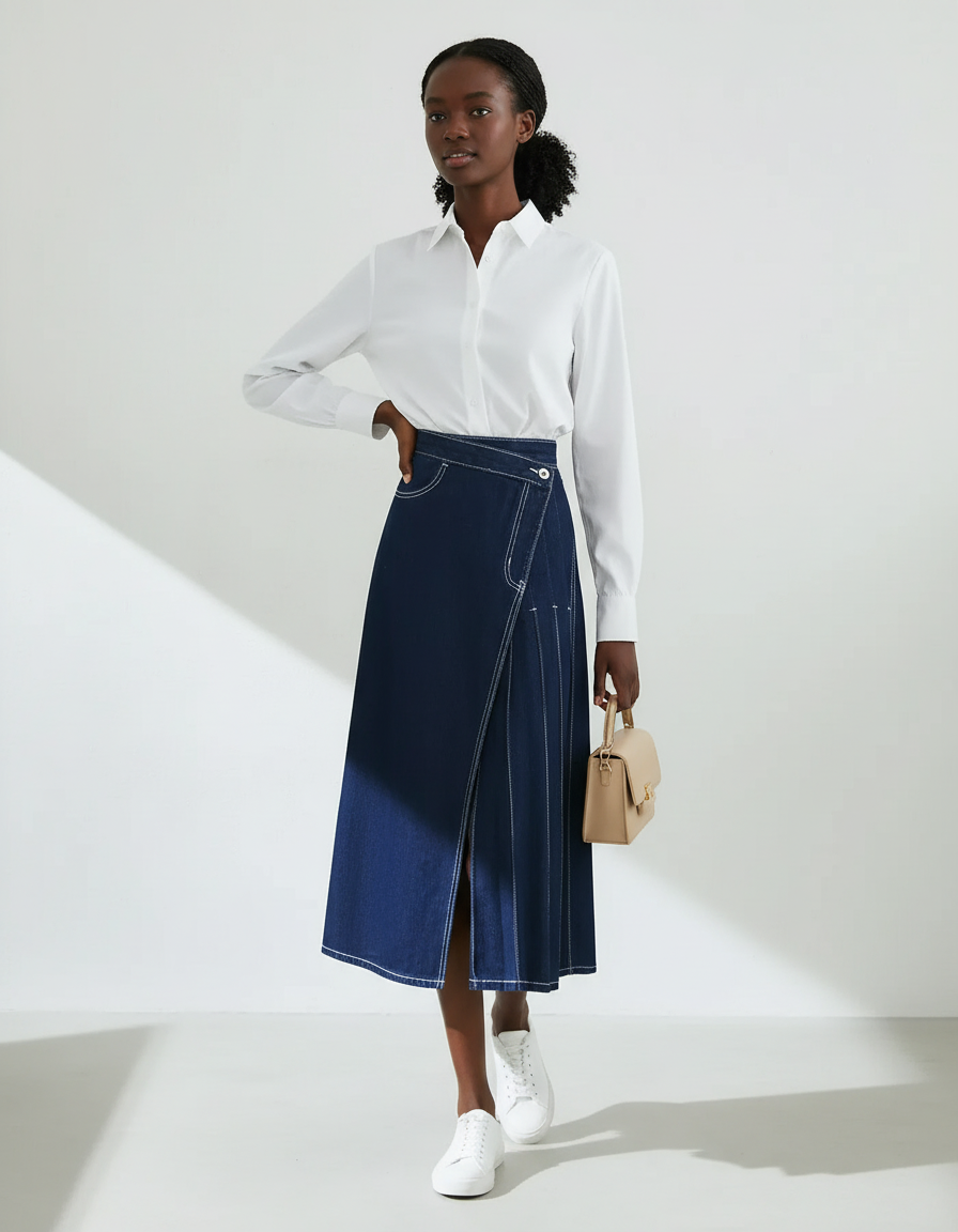 Jupe Jean Bleue Foncée Plissée Irrégulière Décontractée