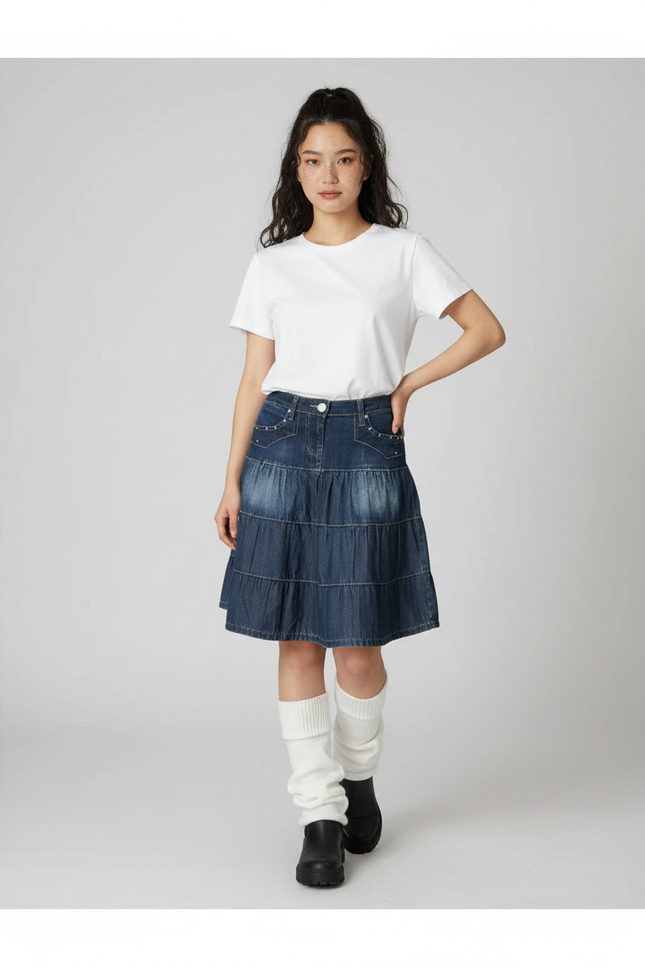 Jupe Jean Bleue Étagée Fluide