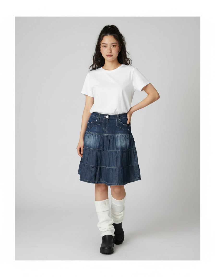 Jupe Jean Bleue Étagée Fluide